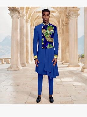 African Suit for Men Full Sleeve Chain Embroidery Blazer and Pants Set Size L